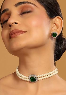 Rhodium Plated Artificial Stones Studded And Pearls Jewellery Set