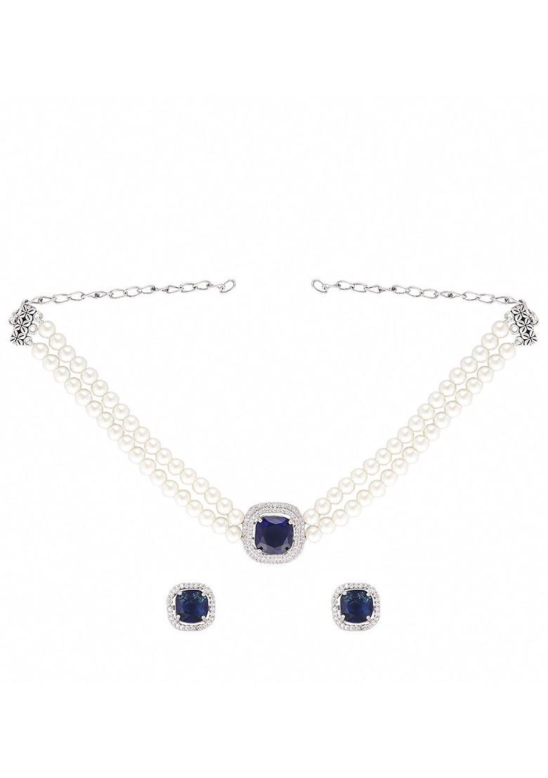 Rhodium Plated Pearls And Artificial Stones Studded Jewellery Set