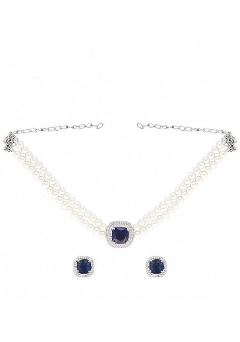 Rhodium Plated Pearls And Artificial Stones Studded Jewellery Set