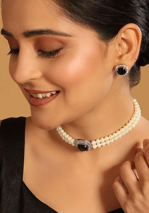 Rhodium Plated Pearls And Artificial Stones Studded Jewellery Set