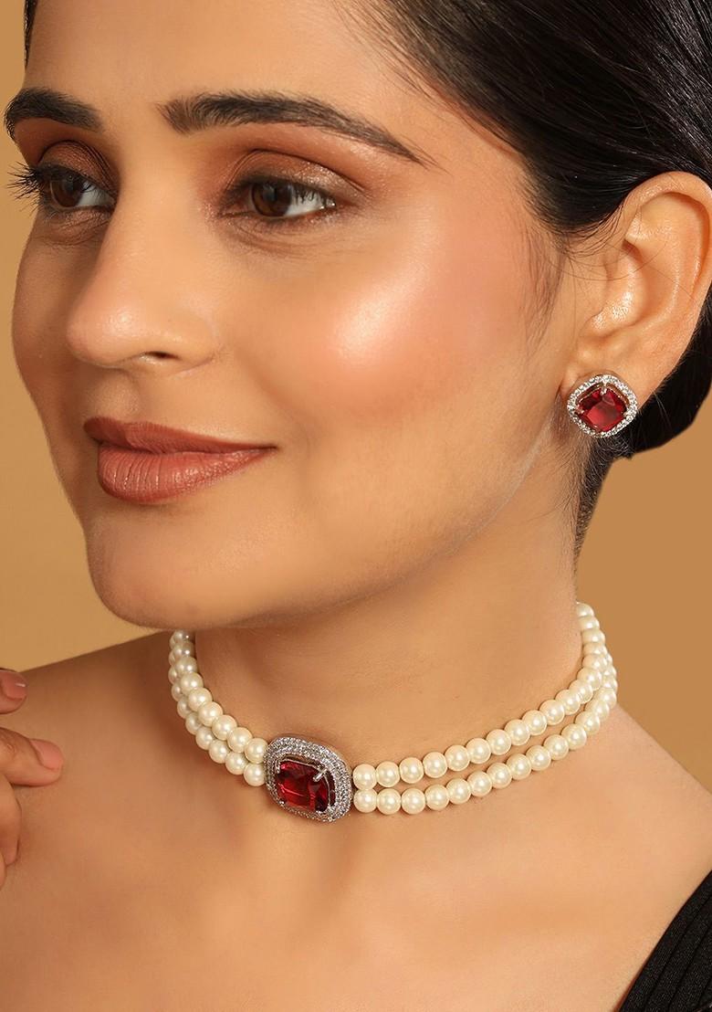 Artificial Stones Studded And Pearls Jewellery Set