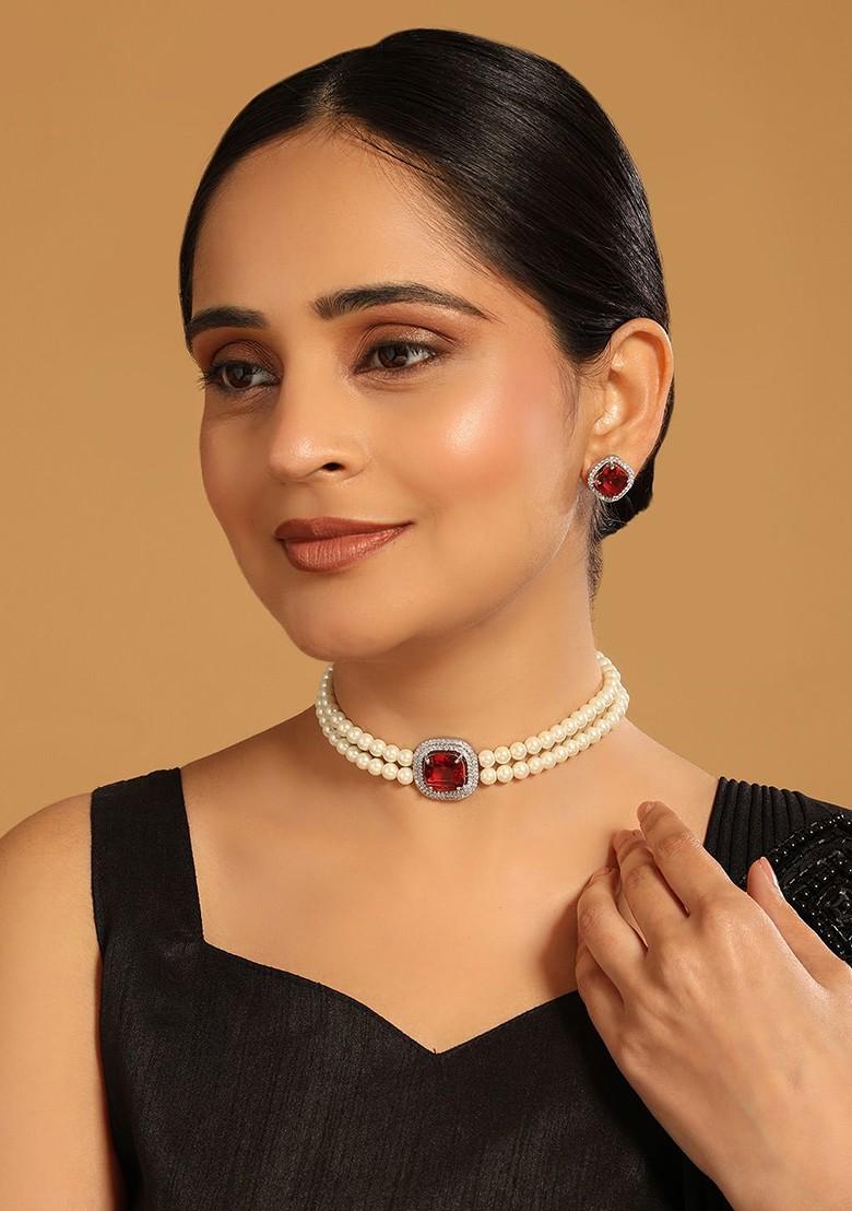 Artificial Stones Studded And Pearls Jewellery Set