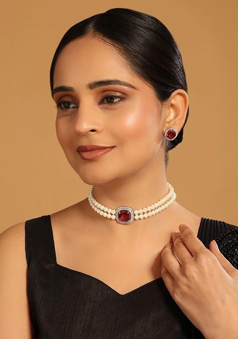 Artificial Stones Studded And Pearls Jewellery Set