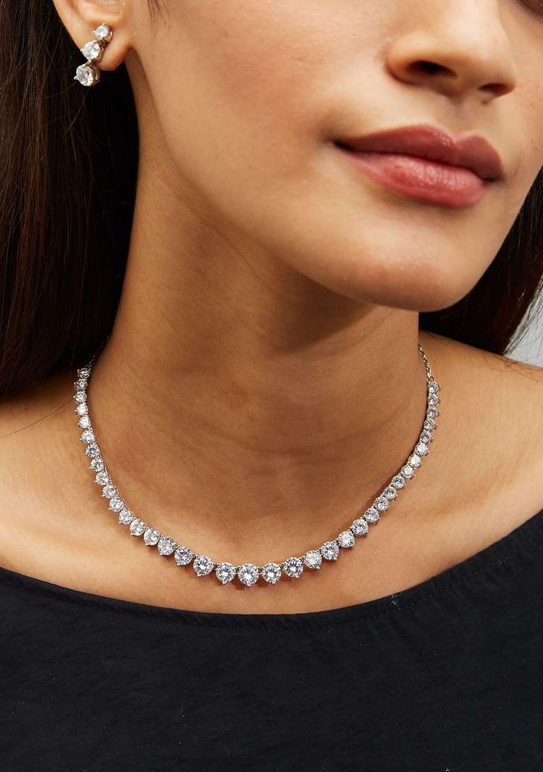 Silver Plated Cz Stone Studded Solitaire Jewellery Set - Indya