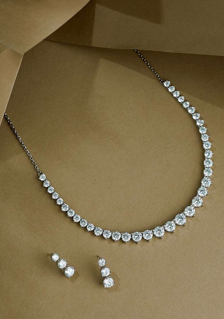 Silver Plated Cz Stone Studded Solitaire Jewellery Set - Indya