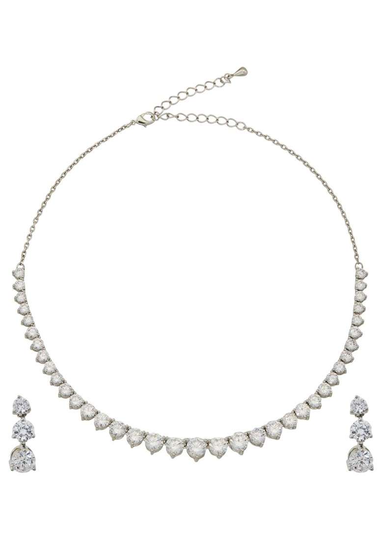 Silver Plated Cz Stone Studded Solitaire Jewellery Set - Indya