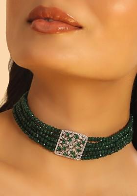 Silver Plated Zircon Studded And Beaded Jewellery Set