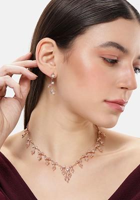 Rose Gold Plated Cz Studded Floral Necklace And Earring Jewelry Set