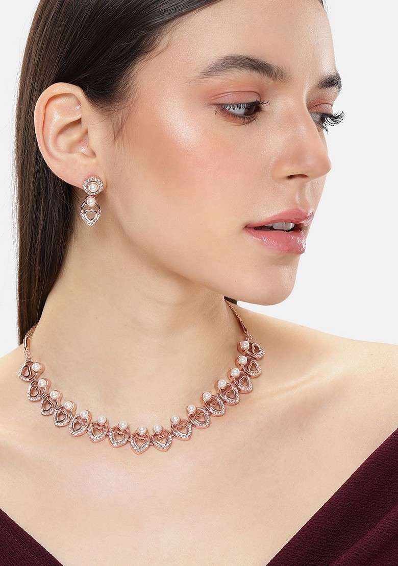 Rose Gold Plated Beads And Crystals Studded Teardrop Shaped Jewelry Set - Indya