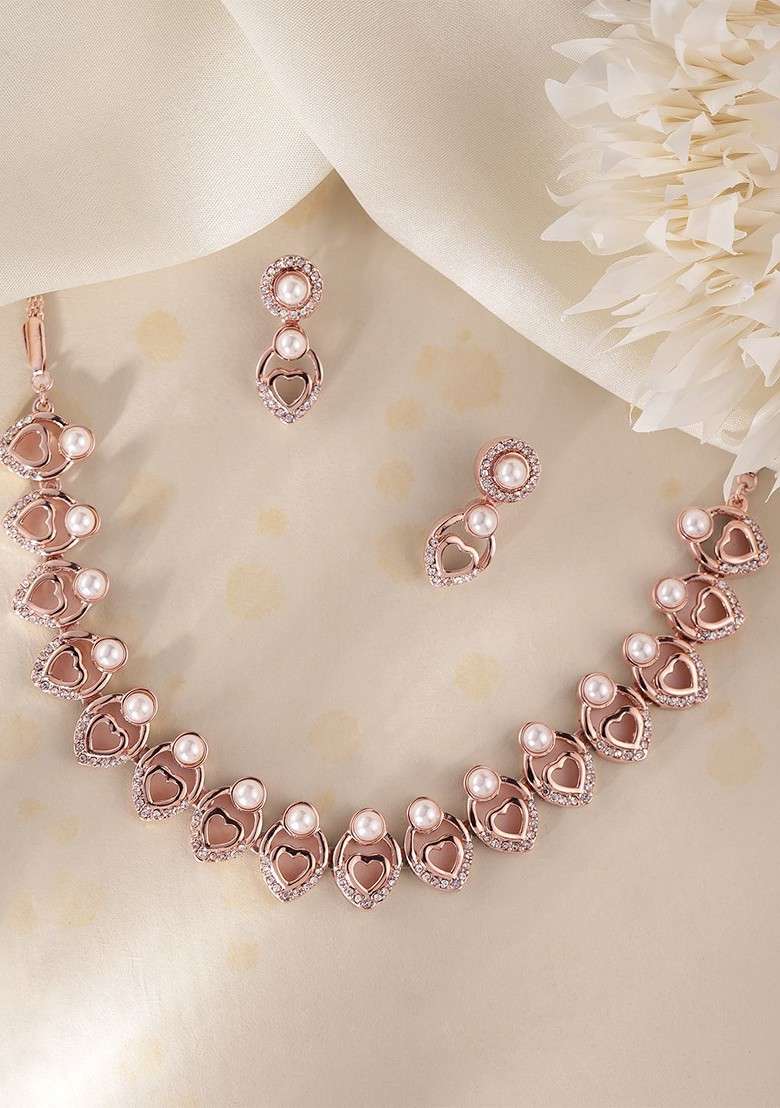 Rose Gold Plated Beads And Crystals Studded Teardrop Shaped Jewelry Set - Indya