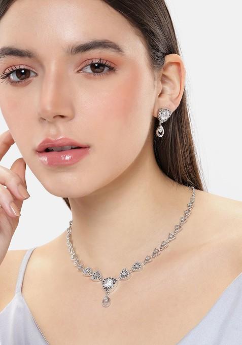 Rhodium Plated Cz Studded Necklace And Earring Jewelry Set