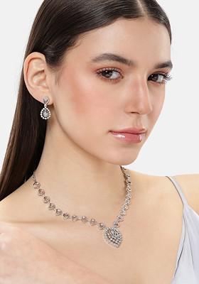Rhodium Plated Cz Studded Teardrop Shaped Necklace And Earring Jewelry Set