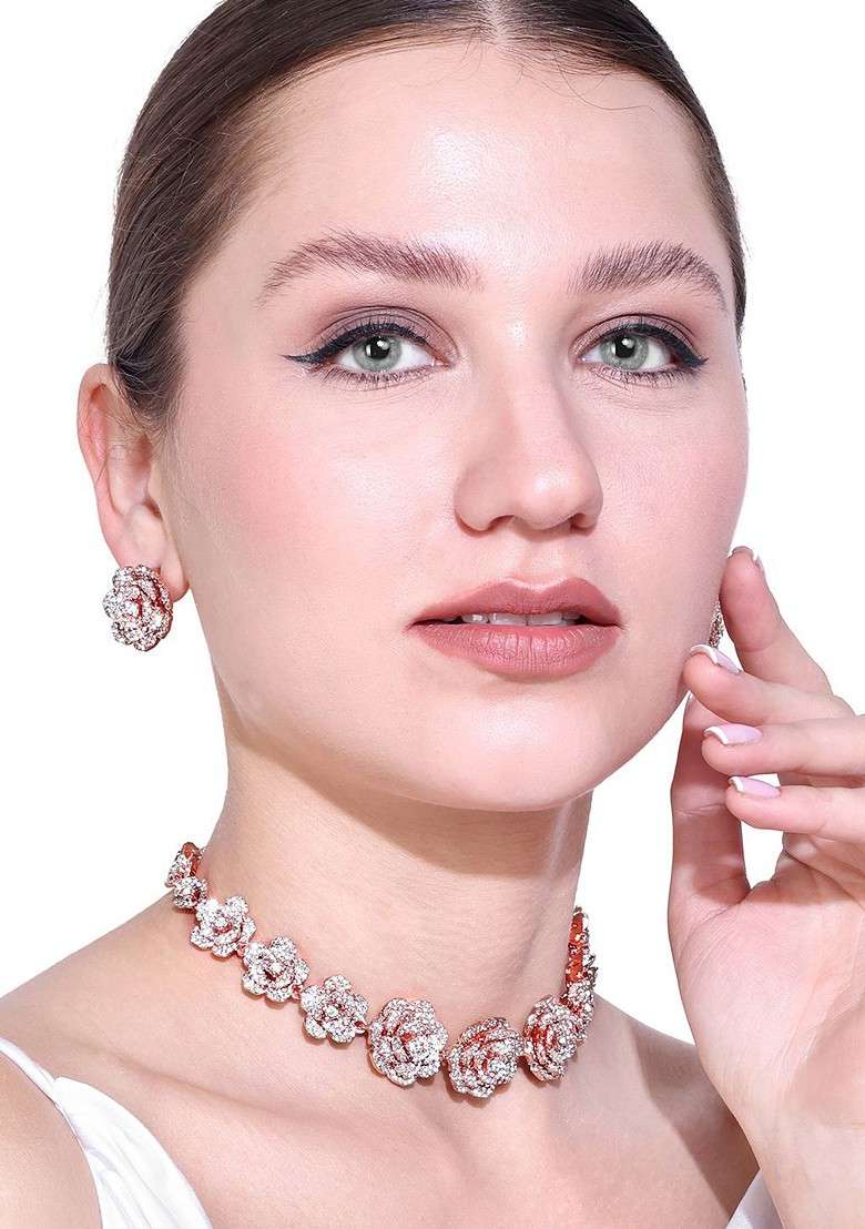 Rose Gold Plated Crystal Studded Jewellery Set - Indya