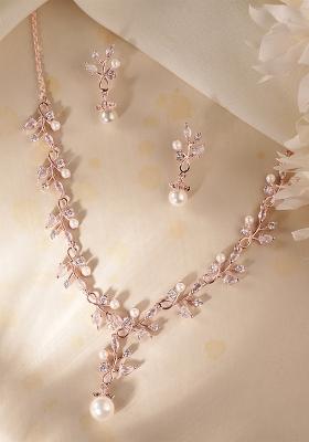 Rose Gold Plated Cz Studded Floral Necklace And Earring Jewelry Set