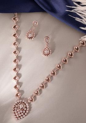 Rose Gold Plated Cz Studded Teardrop Shaped Necklace And Earring Jewelry Set