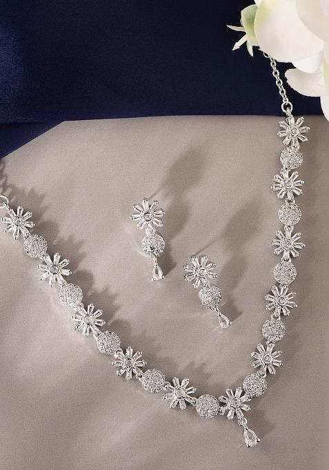 Rhodium Plated Cz Studded Floral Necklace And Earring Jewelry Set