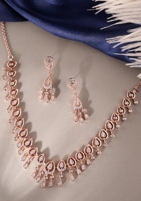 Rose Gold Plated Cz Studded Teardrop Shaped Necklace And Earring Jewelry Set