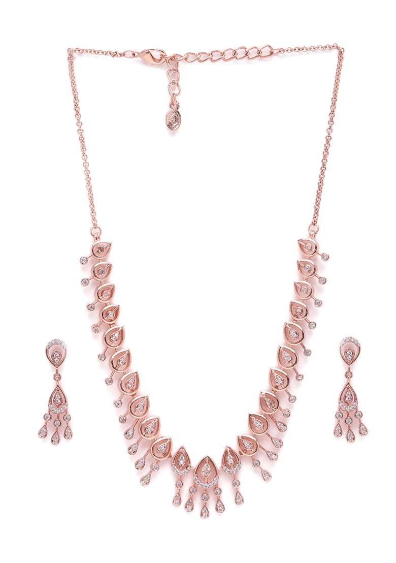 Rose Gold Plated Cz Studded Teardrop Shaped Necklace And Earring Jewelry Set - Indya