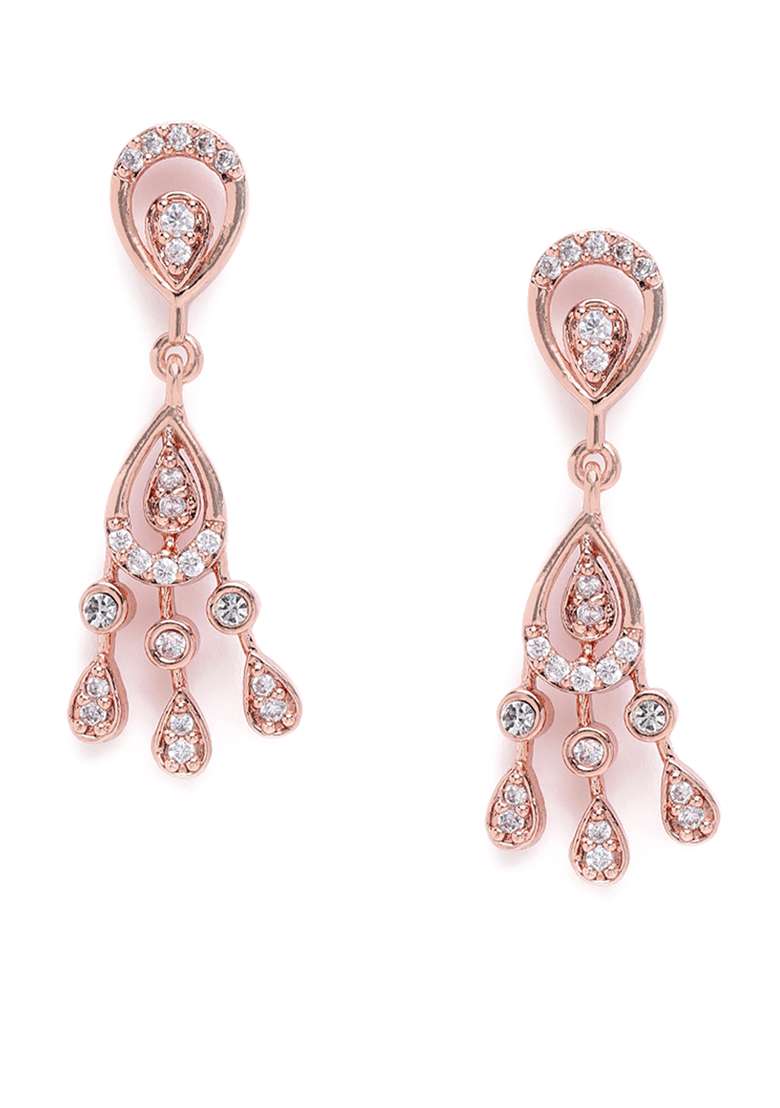 Rose Gold Plated Cz Studded Teardrop Shaped Necklace And Earring Jewelry Set - Indya