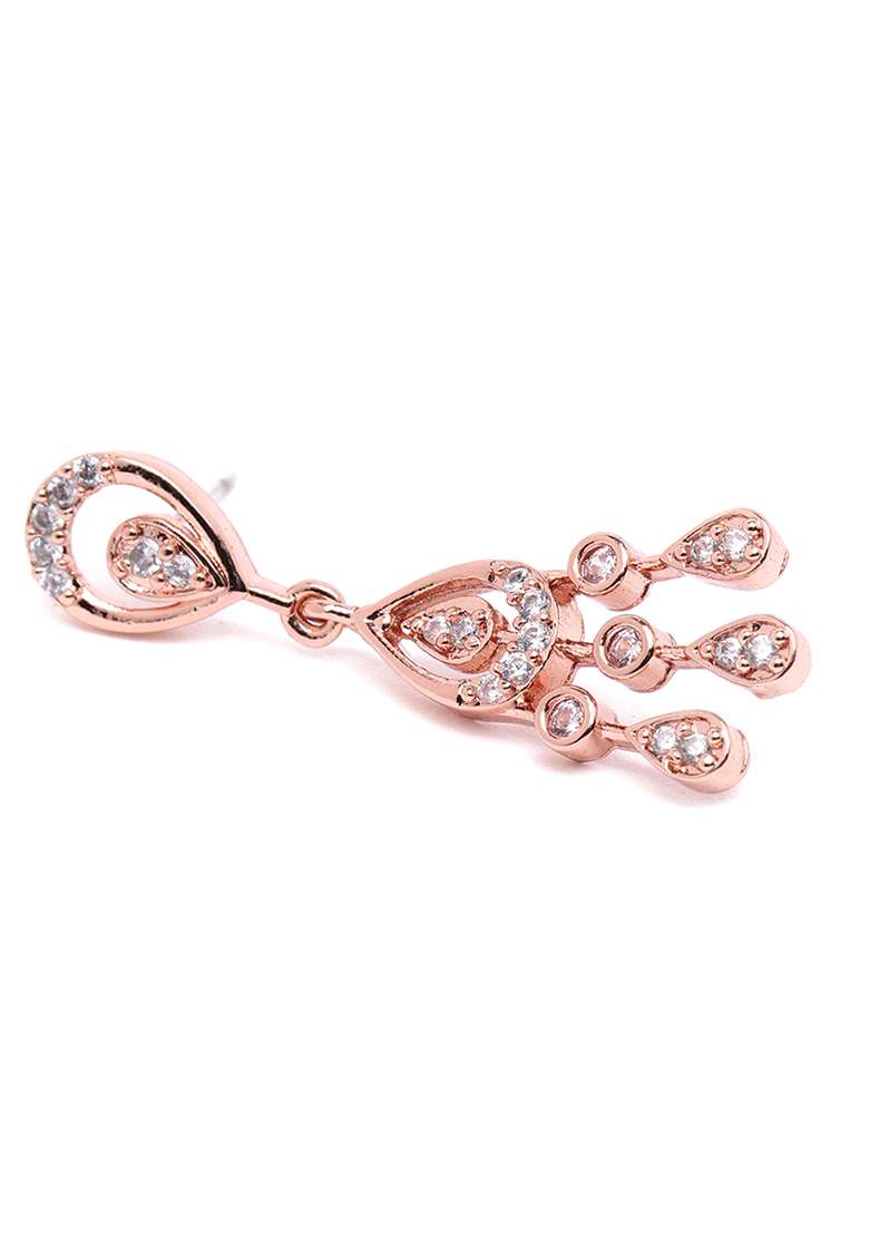 Rose Gold Plated Cz Studded Teardrop Shaped Necklace And Earring Jewelry Set - Indya