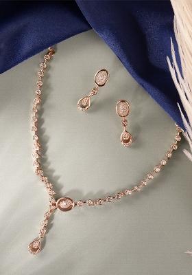 Rose Gold Plated Cz Studded Necklace And Earring Jewelry Set