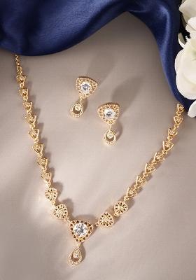 Gold Plated Cz Studded Necklace And Earring Jewelry Set