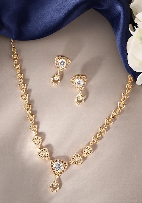 Gold Plated Cz Studded Necklace And Earring Jewelry Set