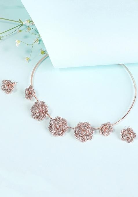 Rose Gold Plated Crystal Studded Jewellery Set