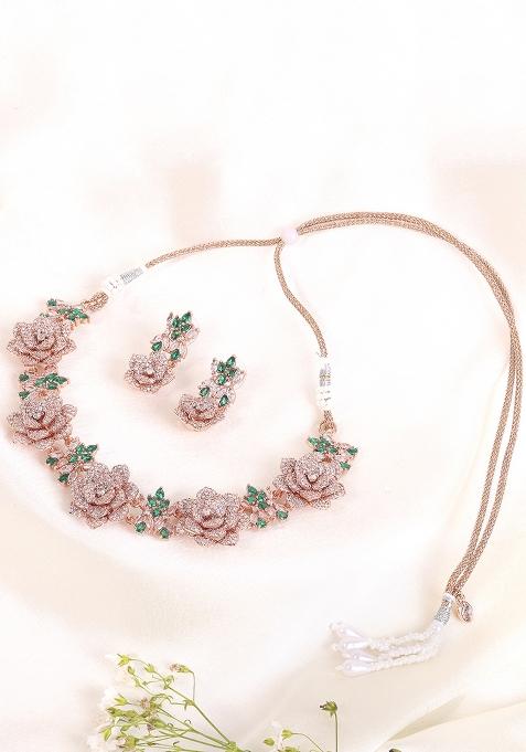 Rose Gold Plated Ad Studded Jewellery Set
