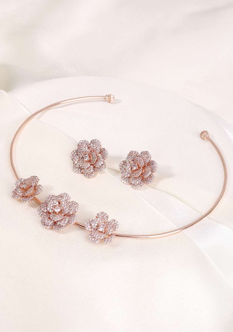 Rose Gold Plated Ad Studded Jewellery Set - Indya