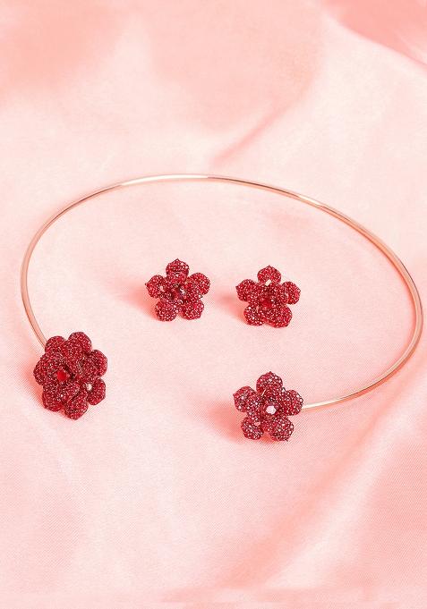 Rose Gold Plated Stone Studded Jewellery Set