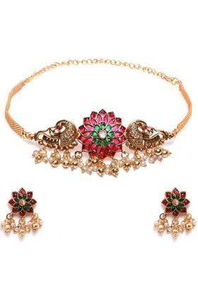 Gold Plated Floral Choker With Earrings Set