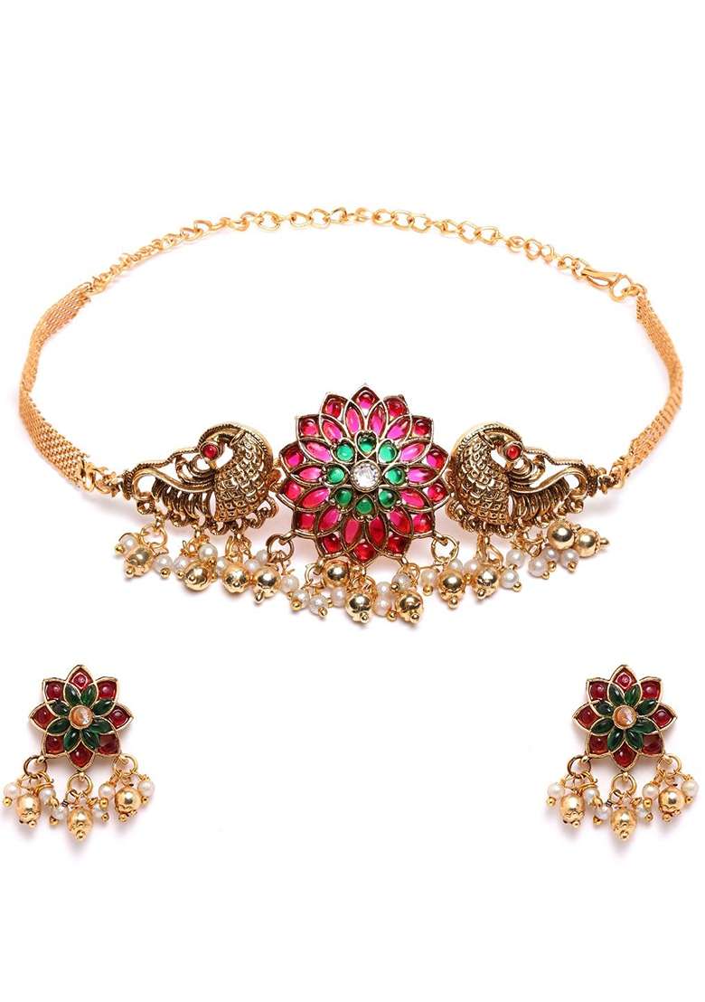 Gold Plated Floral Choker With Earrings Set - Indya