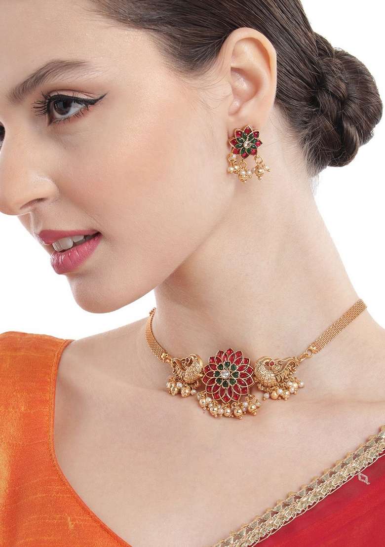 Gold Plated Floral Choker With Earrings Set - Indya