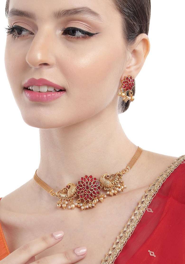 Gold Plated Floral Choker With Earrings Set - Indya
