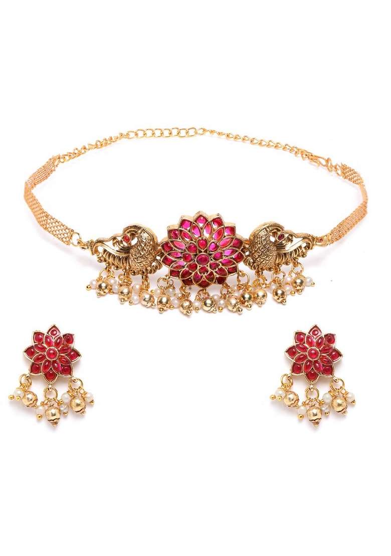 Gold Plated Floral Choker With Earrings Set - Indya