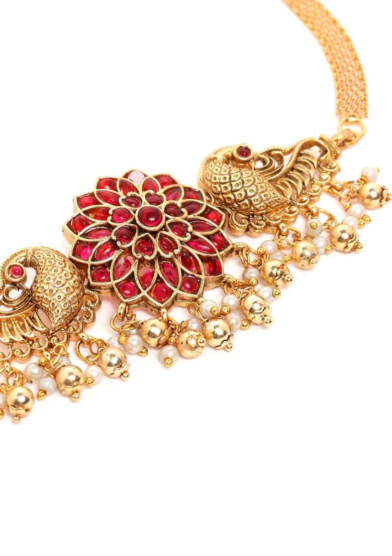 Gold Plated Floral Choker With Earrings Set - Indya