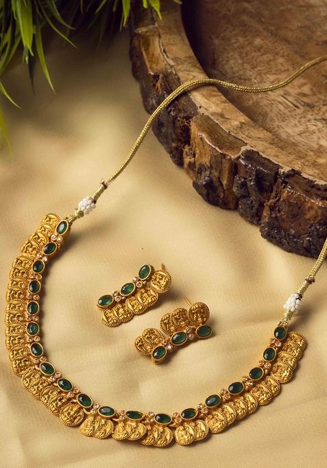 Gold Plated Stone Studded Lakshmi Goddess Coins Jewellery Set