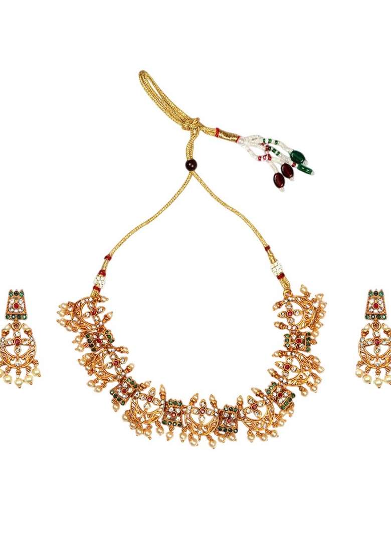 Gold Plated Stone Studded And Pearls Beaded Necklace Set - Indya