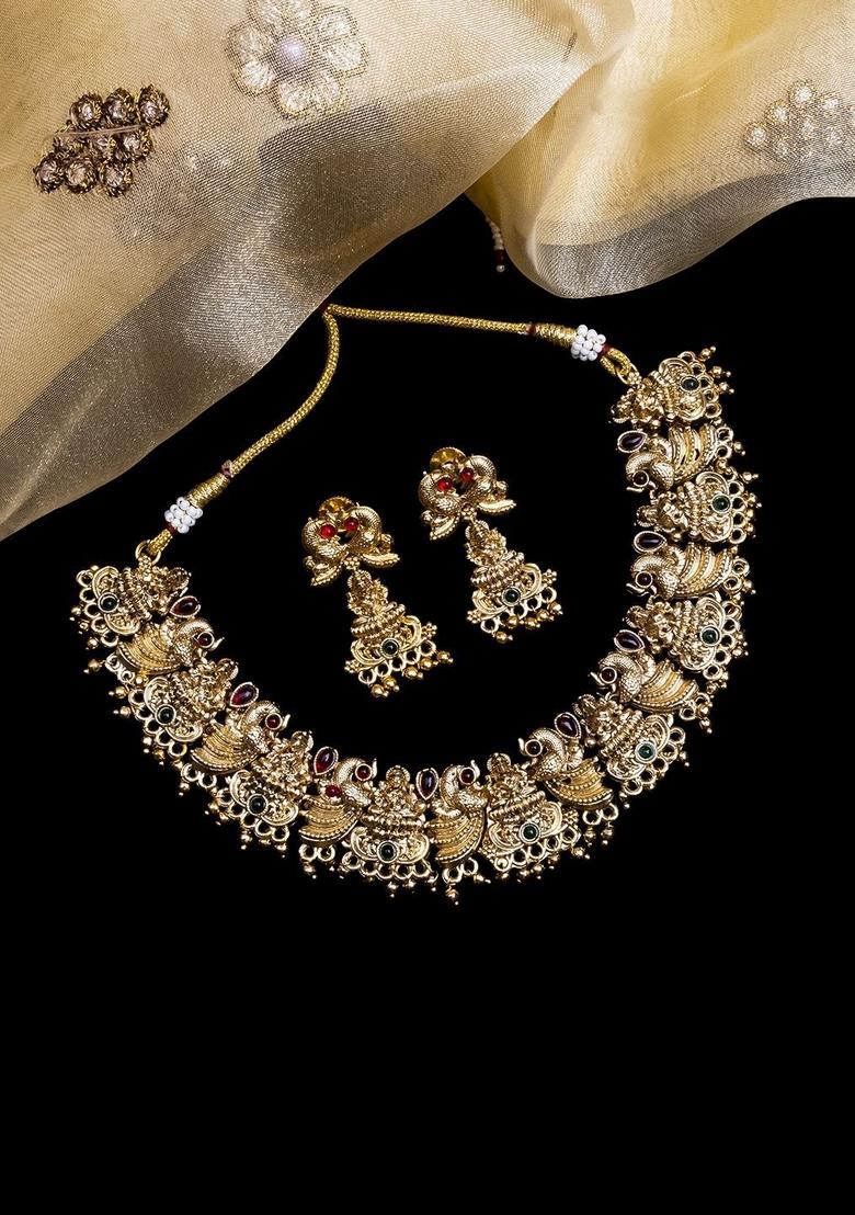 Gold Plated Stone Studded Temple Jewellery Set - Indya