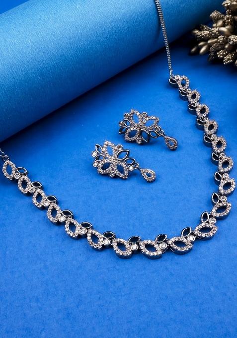 Silver Plated American Diamond Studded Sleek Design Jewellery Set