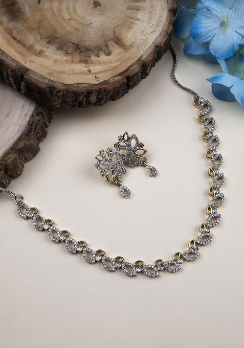 Silver Plated American Diamond Studded Sleek Design Jewellery Set