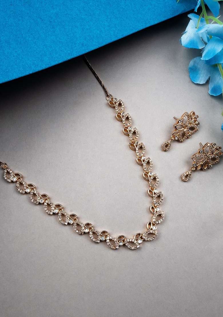 Rose Gold Plated American Diamond Studded Sleek Jewellery Set - Indya