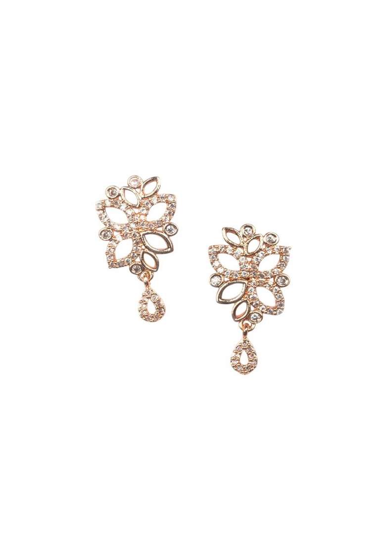 Rose Gold Plated American Diamond Studded Sleek Jewellery Set - Indya