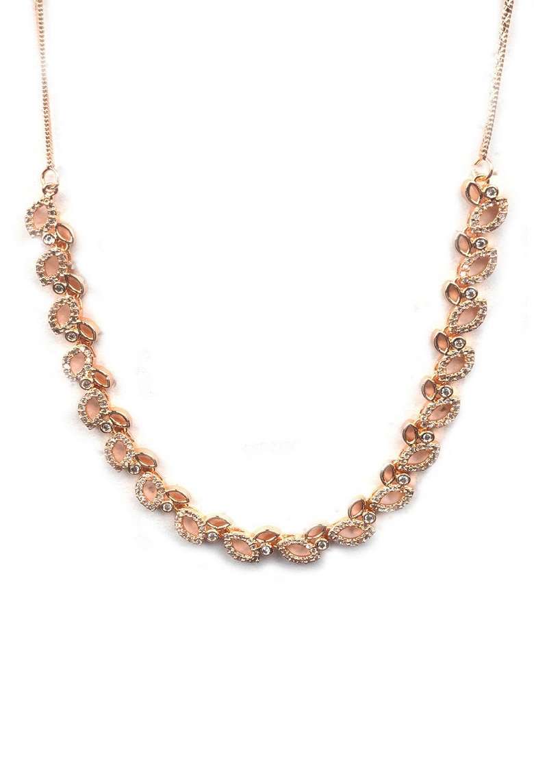 Rose Gold Plated American Diamond Studded Sleek Jewellery Set - Indya