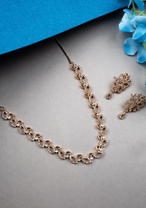 Rose Gold Plated American Diamond Studded Sleek Jewellery Set