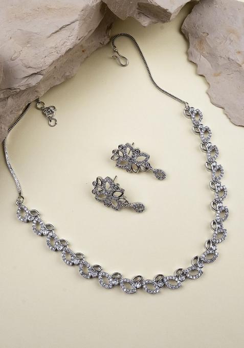 Silver Plated American Diamond Studded Sleek Design Jewellery Set