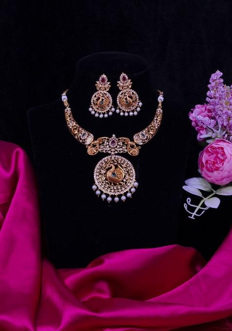 Gold Plated Stone Studded And Beaded Peacock Design Jewellery Set