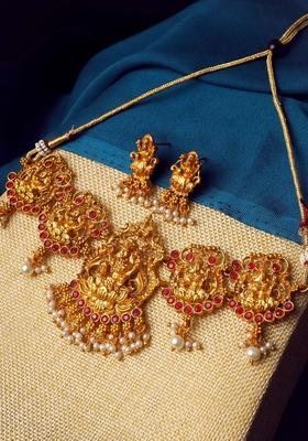 Gold Plated Stone Studded And Beaded Lakshmi Goddess Temple Jewellery Set