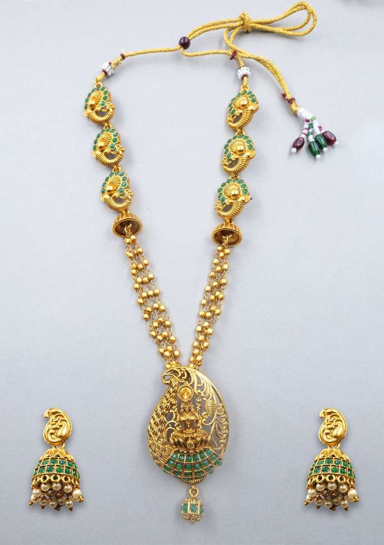 Gold Plated Stone Studded And Beaded Temple Jewellery Set - Indya